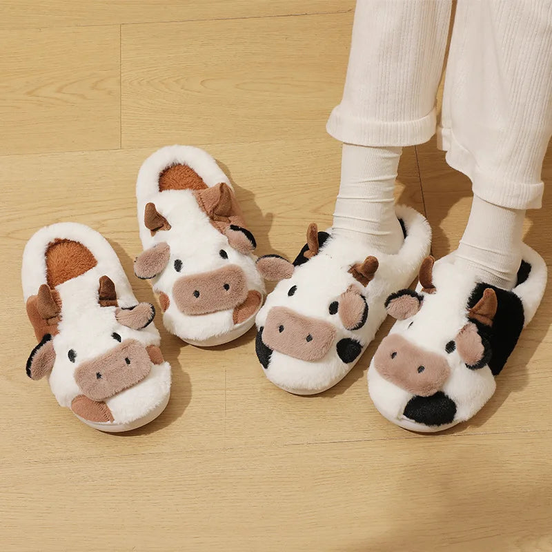 Winter Unisex Cute Cartoon Cow Warm Plush Slippers Couple's Indoor Non-slip House Slides Men Women Toe Wrap Home Cotton Shoes