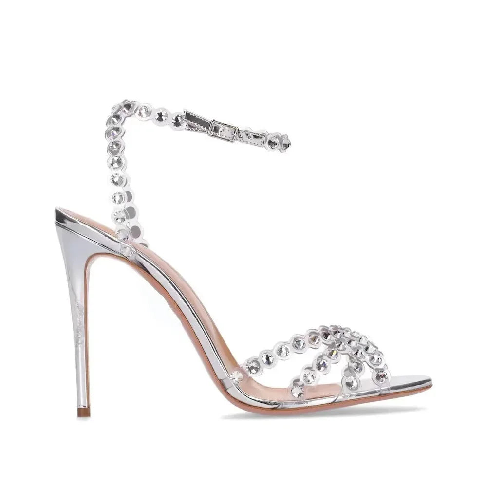 Futurecen Luxury Rhinestone High Heels Women Pumps Fish Mouth Sexy Thin Heel Sandals Dress Bridal Shoes Summer Designer Sandalias