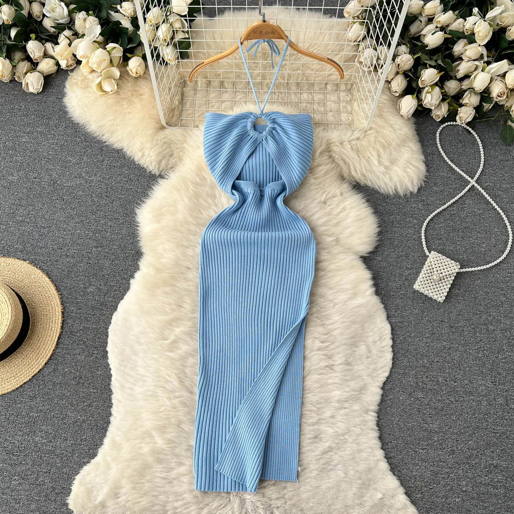 binfenxie Chic Fashion Sexy Package Hips Split Knitted Summer Dress Women Slim Elastic Bodycon Party Dress Streetwear Outfits