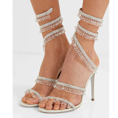 binfenxie Fashion Crystal Pendant Tassels Women Sandals Sexy Snake Coiled Stiletto High heels Gladiator sandals Summer Wedding Party Shoes