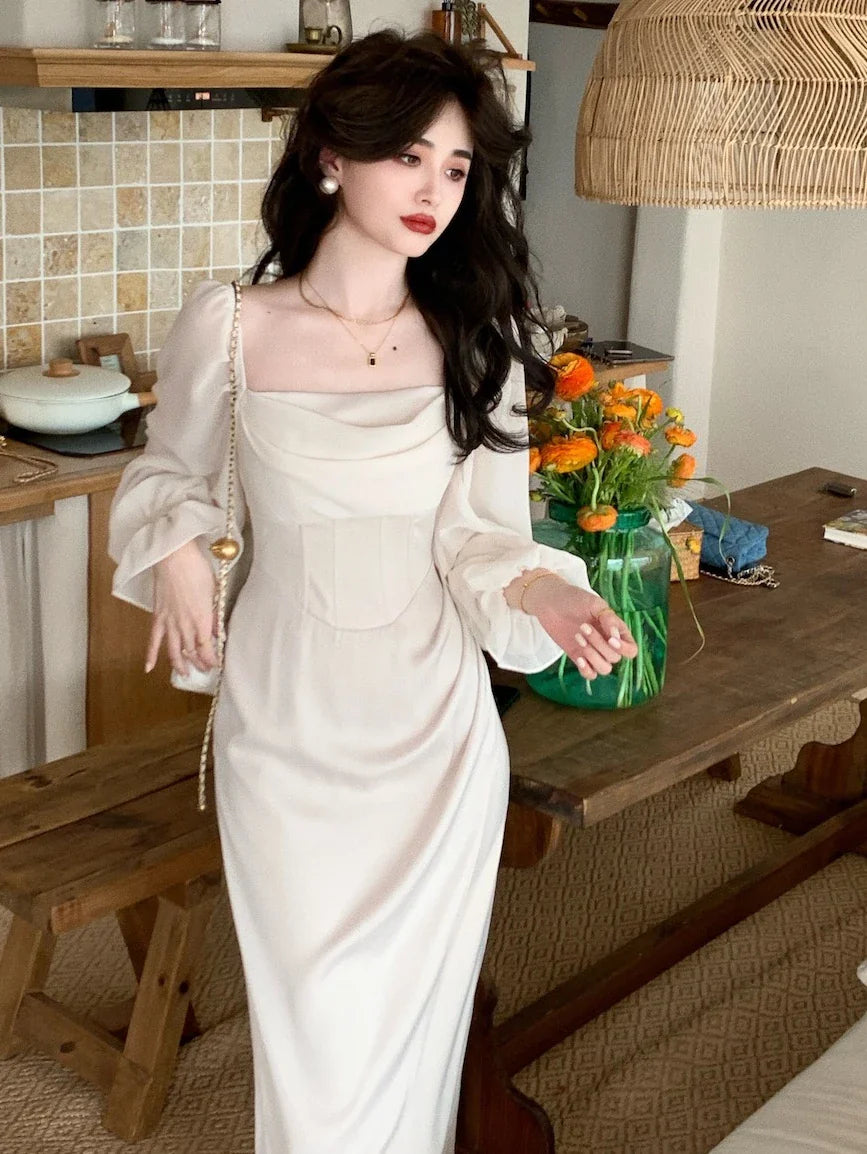 Vintage Wedding Party Midi Dresses for Women Spring New Square Collar Long Sleeves Elegant Fashion Evening Prom Female Clothing