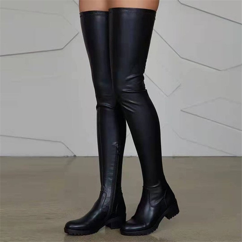 Brand New Skidproof Platform Easy Walk Stretch Lug-Sole Over The Knee Boots Women Black White Shoes Fashion Leisure Cool Size 43