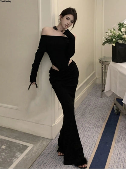 binfenxie Women Sexy Hollow Out Black Long Dress Spring Autumn Fashion Bodycon Party Prom Runway Robe Female Y2k Streetwear Mujers Clothes