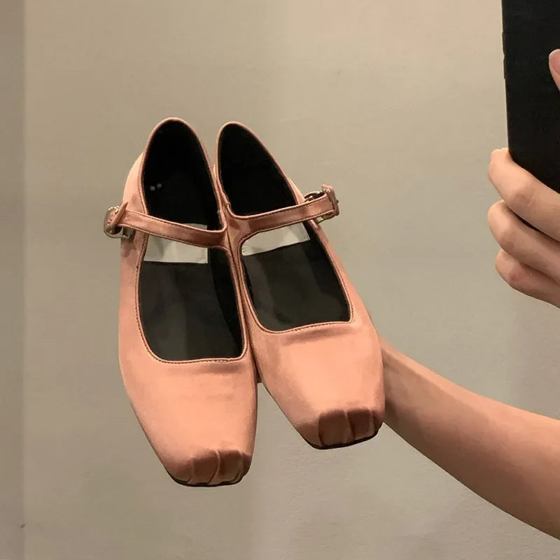 binfenxie  -   Spring New Women Pink Flat Shoes Fashion Silk Square Toe Shallow Ladies Ballet Shoes Soft Casual Flat Mary Jane Shoes