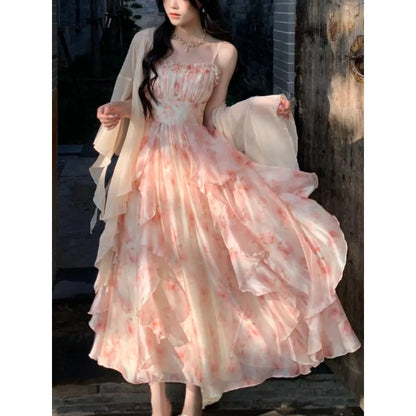 binfenxie DRESS TO IMPRESS 2 Piece Dress Sets Women Elegant Chiffon Summer Casual Slim Strap Dress + Fairy Cardigan Fashion Chic Vintage Suit Even Party