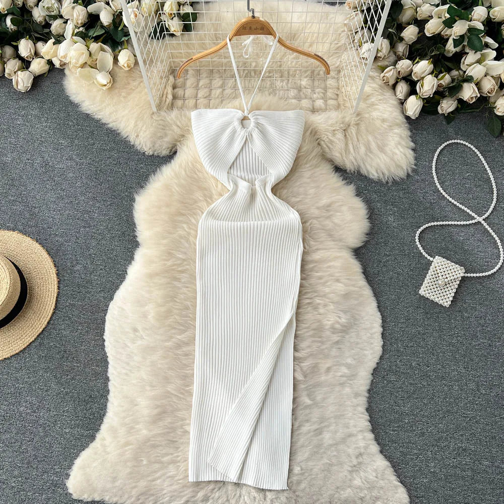 binfenxie Chic Fashion Sexy Package Hips Split Knitted Summer Dress Women Slim Elastic Bodycon Party Dress Streetwear Outfits