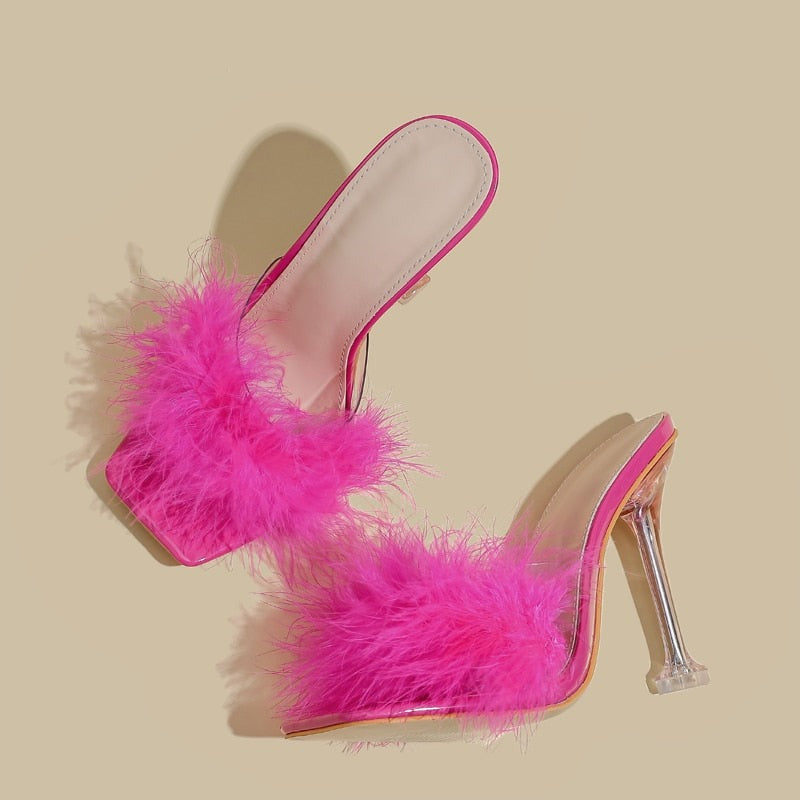 PVC Shoes Slippers Woman Feather Transparent High Heels Fur Pumps Square toe Mules Lady Slides