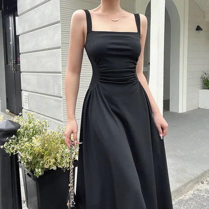 binfenxie Summer Elegant Casual A-Line Satin Midi Dress Women Sleeveless Vintage Party Birthday Vestidos Female Chic Solid Robe