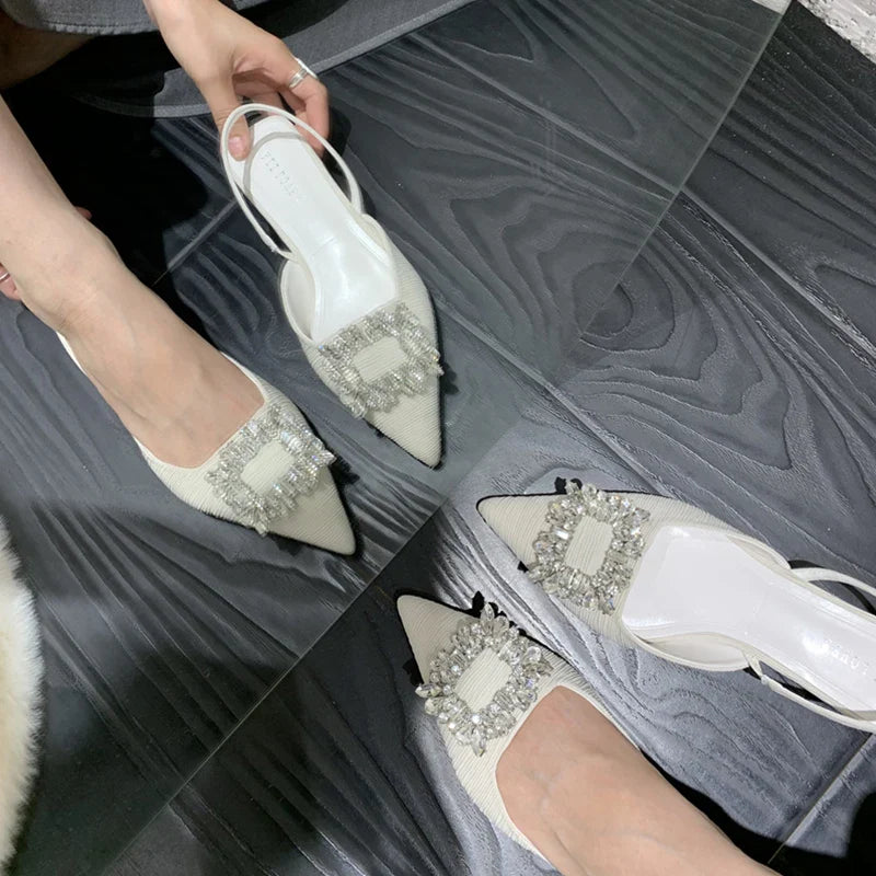 2023 New Summer Rhinestones Women Sandal Fashion Pointed Toe Shallow Slip On Ladies Elegant Slingback Shoes Casual Flats Heel