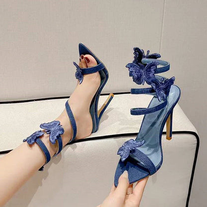 binfenxie  High Quality Embroidery Butterfly Ankle Strap Sandals Women Sexy Pointed Toe Gladiator Heels Summer Party Dress Shoes Blue