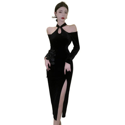 binfenxie Women's Dress Off Shoulder Slim Sexy Split Cheongsam Dress