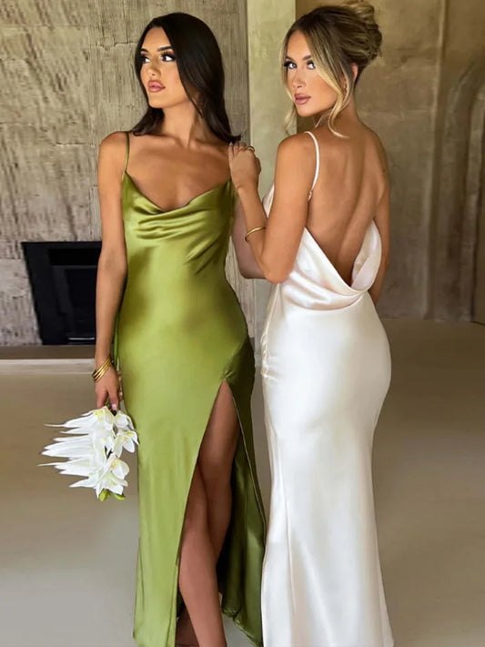 Stretch Satin Backless Maxi Dress For Women Robe Summer Spaghetti Strap Sleeveless Backless High Split Sexy Long Dress