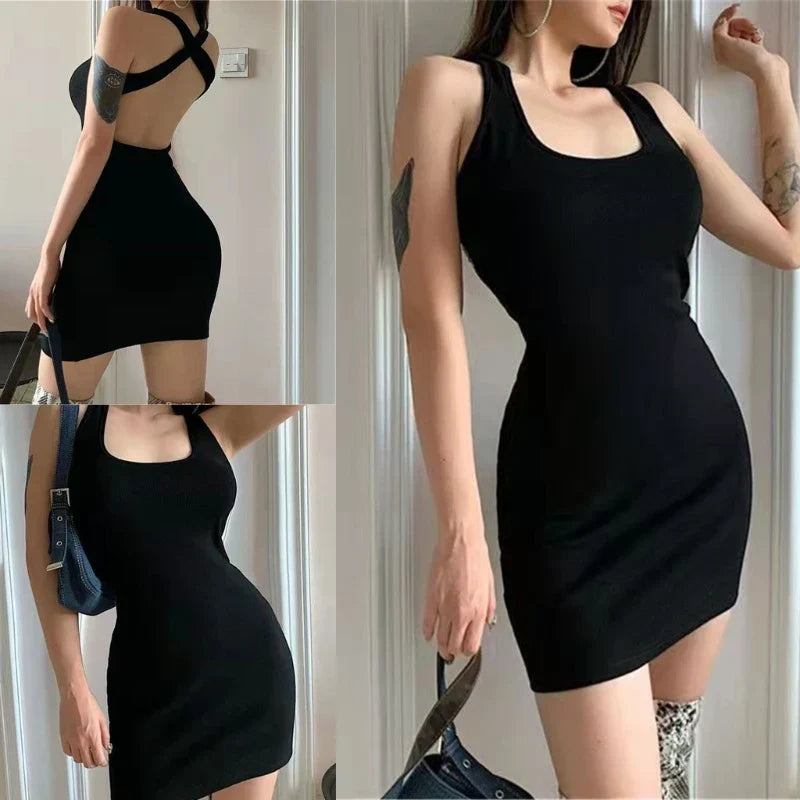 binfenxie Women Sleeveless Halter Collar Short Dress Solid Color Crisscross Backless Package Hip Bodycon Dresses Party Clubwear