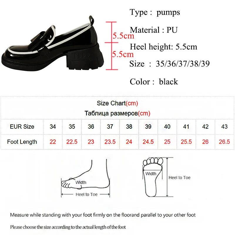 Square Toe Chunky Loafers Women Autumn Patent Leather Platform Heels Shoes Woman Slip on Bowknot Pumps Female