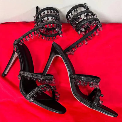 binfenxie Star style Rhinestones Tassel Serpentine Winding Women Sandals Fashion Stiletto High heels Gladiator sandals Summer Prom Shoes