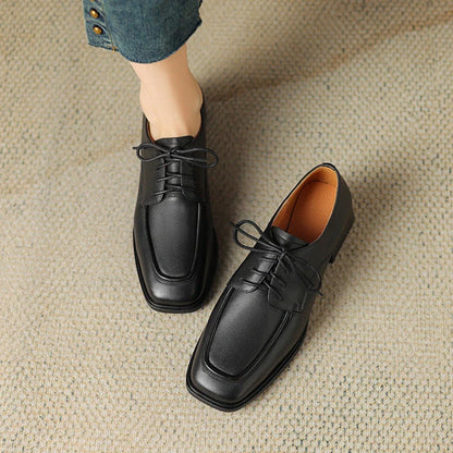 Futurecen NEW Spring/Autumn Women Shoes Square Toe Women Loafers Chunky Heel Shoes Split Leather Shoes for Women Retro Lace up Women Pumps