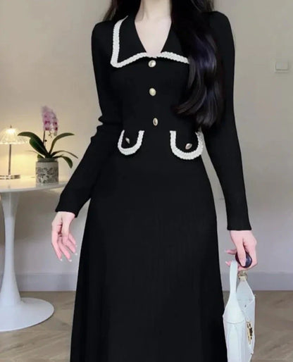 Autumn Winter Long Sleeve Knitting Midi Dress Women Fashion Turn Down Collar Button Sweater Clothes Female Soft Ribbed Jumper