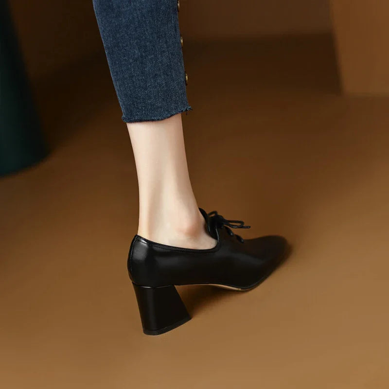 Futurecen  -  NEW Spring/Autumn Women Shoes Pointed Toe High heels Split Leather Chunky Heel Pumps Plus Size Retro Lace Up Black Shoes Women