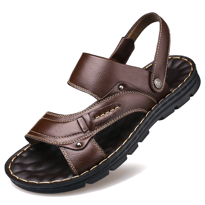 Men's Summer New Sandals and Slippers Men's Leather Sandals Adult Thick-soled Beach Shoes Non-slip Open-toe Leather Sandals