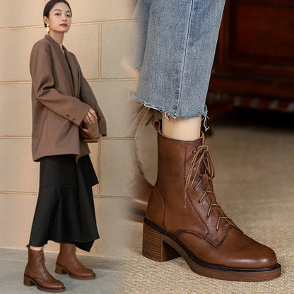 Winter Genuine Leather Women Boots Round Toe Thick Heel Lace Up Fashion Ankle Boots Retro Boots  Platform Shoes Heels Grown