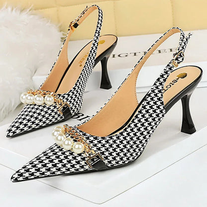 Shoes  Spring Women Pumps Pearl Metal Chain High-heels Checked Grain Stilettos Women Heels Luxury Banquet Shoes 43