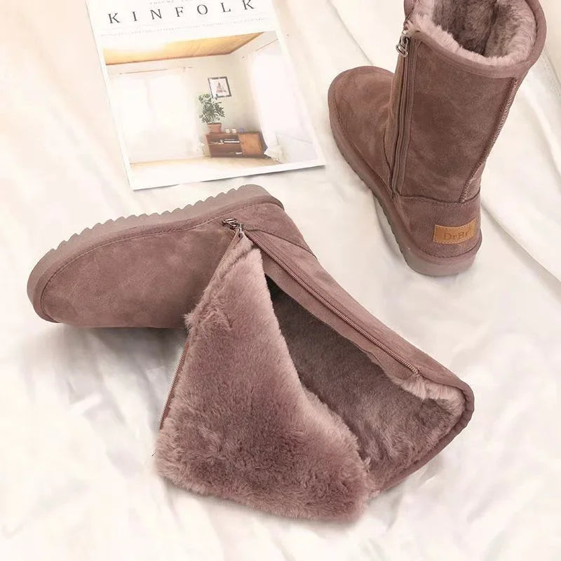 Women's Luxury Suede Leather Warm Snow Boots Winter Designer Plush Fluffy Anti-cold Zipper Platform Shoes Zapatos De Mujer