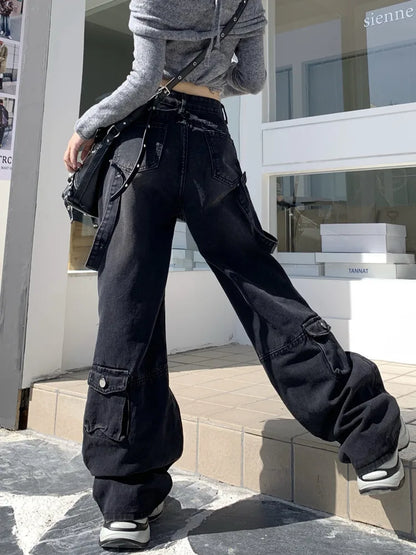 binfenxie 2000S Clothes Y2K Streetwear Washed Black Baggy Cargo Jeans Pants For Women Wide Leg Multi Pockets Straight Loose Lady Trousers