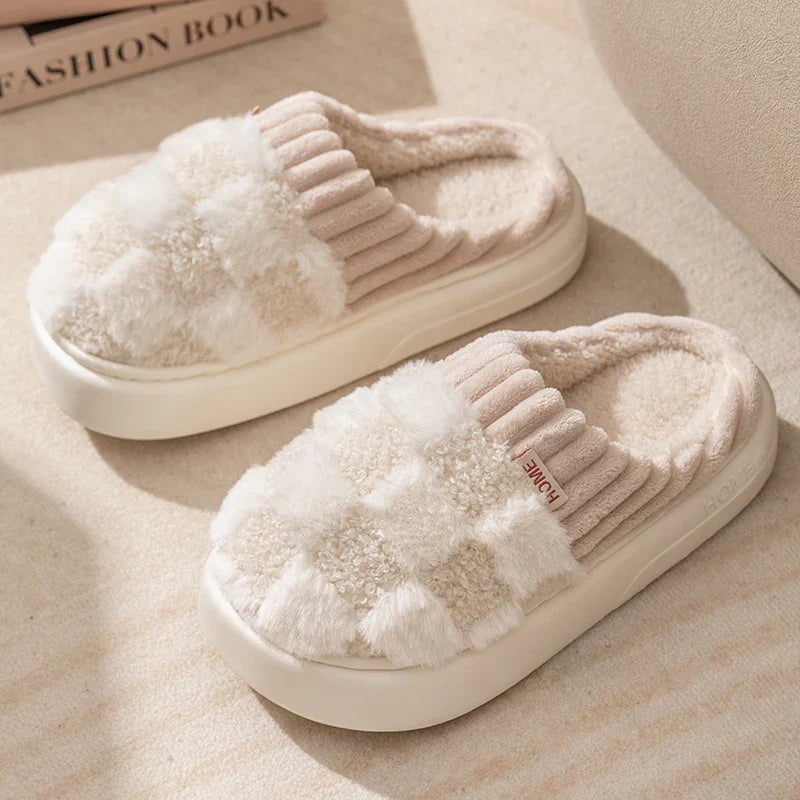 Fashion Couple Winter Toe Wrap Warm Plaid Cotton Slippers Thick Soft Sole Slides Men Women Indoor Floor Flat Home Non-slip Shoes