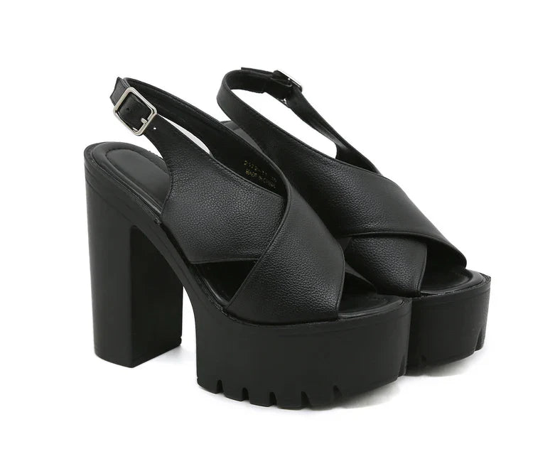 Futurecen  -  Summer Open Toe Cross Strap PU Leather Sandals Slingback Block Thick Heel Platform Casual Shoes Back Strap Pumps