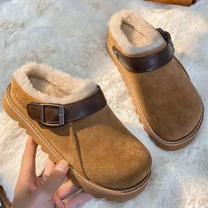 Women Slippers Winter Fur Flats Short Plush Mules Shoes New Women Platform Cotton Shoes Suede Home Flip Flops Warm Shoes