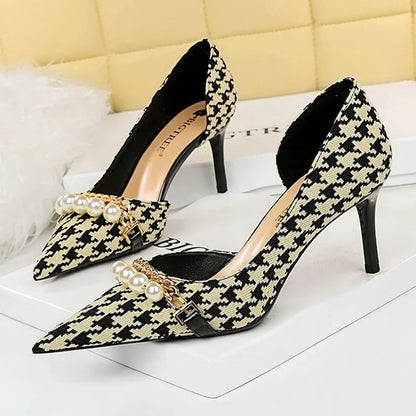 Shoes  Spring Women Pumps Pearl Metal Chain High-heels Checked Grain Stilettos Women Heels Luxury Banquet Shoes 43