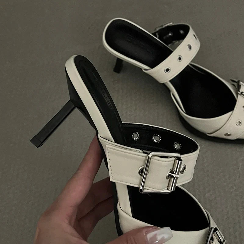 Punk Goth Metal Buckle High Heels Sandals Women Summer Pointed Toe Silver Party Shoes Woman Korean Style Thin Heels Sandals