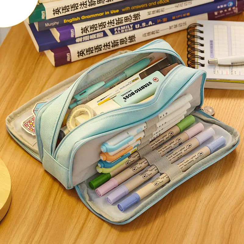 binfenxie Kawaii School Pencil Case Kids Lattice Cotton Linen Multilayer Big Capacity Pencil Box Cute Pensil Case Pen Bag Estuche Escolar