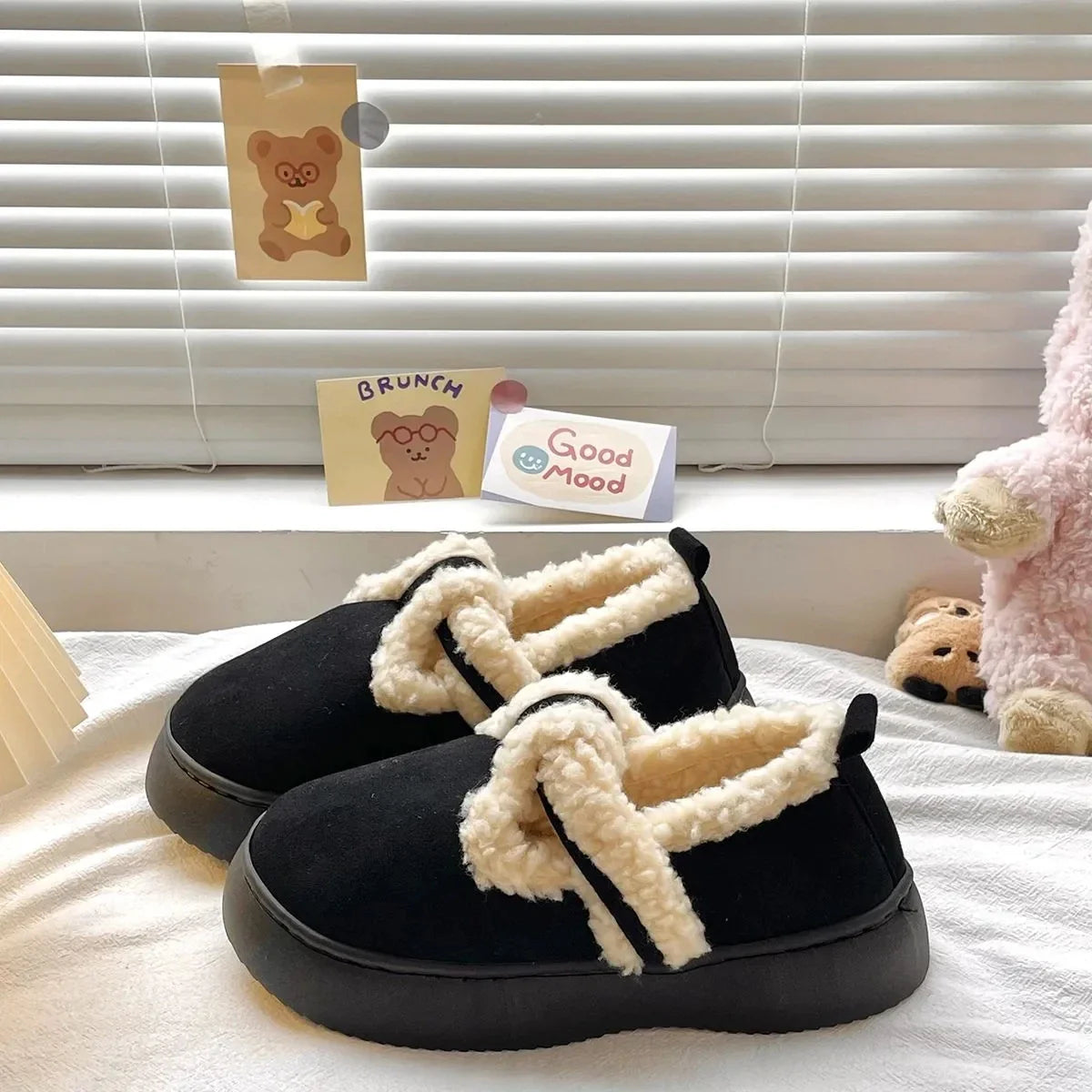 Warrior Girls Cotton slipper For Women Mules Shoes Indoor Outside Winter Home Warm Fluffy Slippers Fur Cotton Shoes All Wrapped