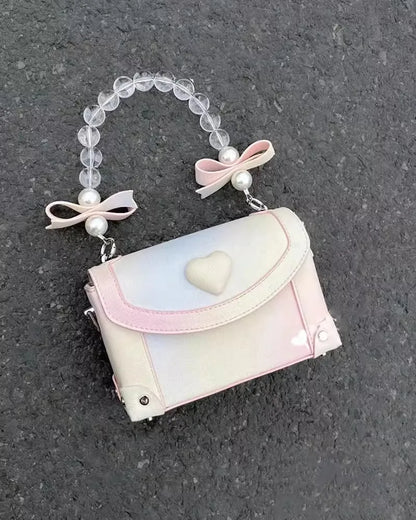 binfenxie Sweet Pink Messenger Bag Women Fairycore Aesthetic Handle Pearl Chain Crossbody Bags Ladies Harajuku Heart Y2k Hand Bag