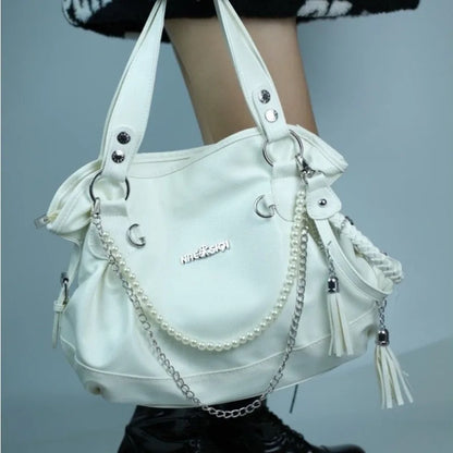 binfenxie  Original Y2k Womens Handbag White Goth Pearl Chains Fashion Tote Bag Aesthetic Large Capacity Designer Daily Shoulder Bag