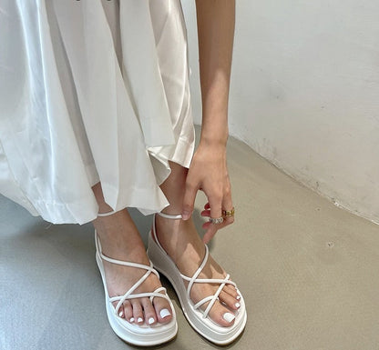 Design Open Toe Women Sandals Summer Fashion Narrow Band Dress Shoes Platform Wedges Heel Ladies Ankle Strap Gladiator Sandalias