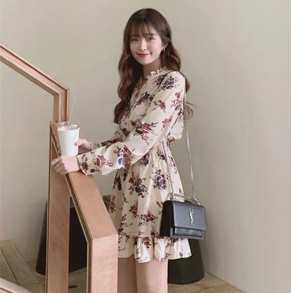 binfenxie Long Sleeve Elegant Floral Chiffon Dresses for Women Summer Autumn Korean Mini Dress Fashion Tunics Light vestido