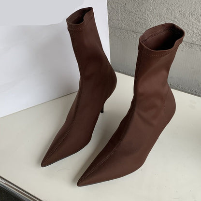 Spring Autumn Stretch Fabric Women Ankle Boots Sexy Pointed Toe High Heels Fashion Female Socks Pumps Shoes