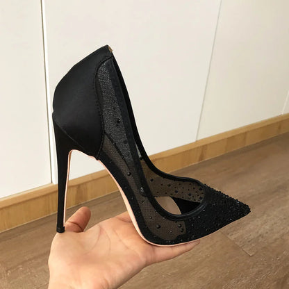 Futurecen Black Mesh Rhinestones Women Satin Gauze Pointy Toe Stiletto Pumps 8cm 10cm 12cm High Heel Elegant Shoes for Summer