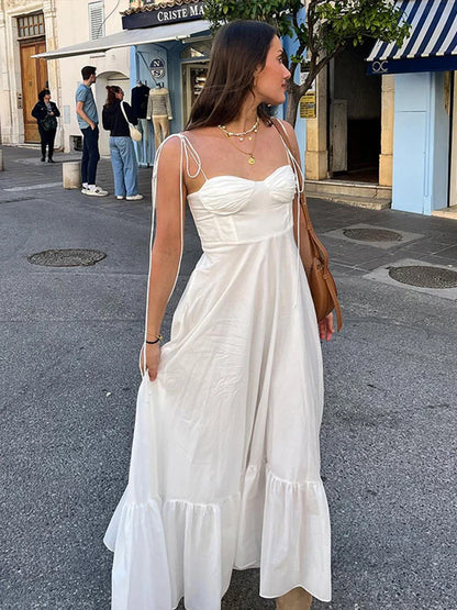 White Strap Lace Up Dress Women Sexy Sleeveless Backless Loose Female Slip Dresses Summer Elegant Long Lady Vestido