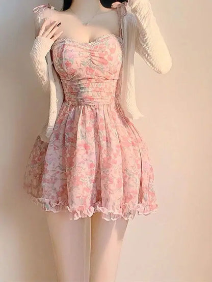 binfenxie Sweet New Pink Sexy Dress Sweet Fresh Style Fragmented Flowers Print Waist Wrapped Slim Student Summer Short Lovely