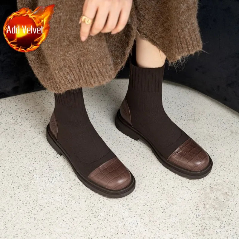 Booties Chunky Short Shoes for Women Brown Sock Footwear Platform Elastic Female Ankle Boots Trend Y2k New In Fashion Pu 39