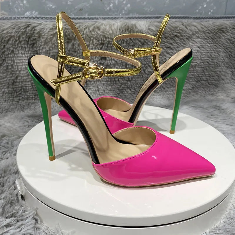 Futurecen  Glossy Fusion Pink Women Ankle Buckles Close Toe Backless Stiletto Sandals 8cm 10cm 12cm High Heels Sexy Ladies Pumps