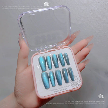 24pcs/box Crystal Cat Eye Shining Diamond Nail Patch Sparkling False Nail Press on Acrylic Nails Handmade Nail Wearing