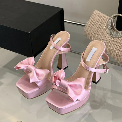 Futurecen  2024 New Brand Super High Heels Sexy Sandals Fashion Pink Silk Bowknot Square Open Toe Chunky Platform Shoes Women Pumps