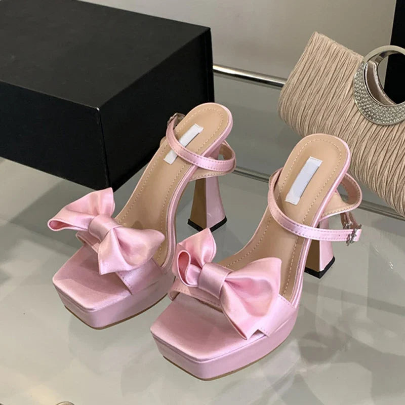 binfenxie  2024 New Brand Super High Heels Sexy Sandals Fashion Pink Silk Bowknot Square Open Toe Chunky Platform Shoes Women Pumps