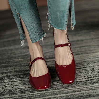 binfenxie New Women's Red Black Mary Janes Shoes High Quality Leather Low Heel Dress Shoes Square Toe Shallow Buckle Strap Women's Shoes