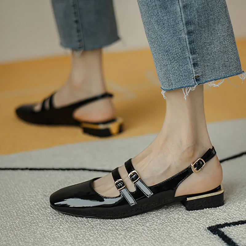 binfenxie Women Sandals Summer Shoes Woman Flats Double Buckle Mary Janes Shoes Patent Leather Dress Shoes Back Strap Zapatos