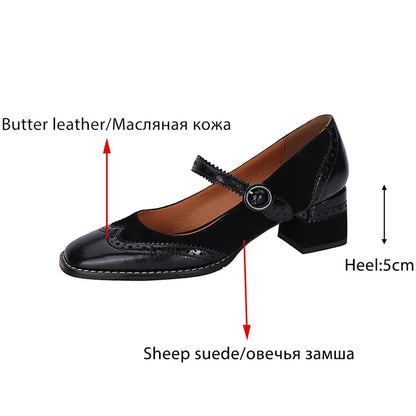 Genuine Leather Mary Jane Women's Shoes Fashion Retro Buckle Shallow Pumps Square Toe Thick Heel Handmade Shoes Woman Size 34-40